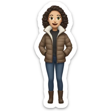 Beige, brunette woman with hot cocoa earmuffs and a puffer jacket sticker