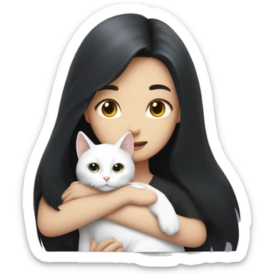 A girl with dark long hair hugging a white cat sticker