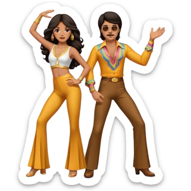 hombre y mujer bailando con ropa de disco de los 70s ambos con pantalones largos, ambos de pelo oscuro sticker