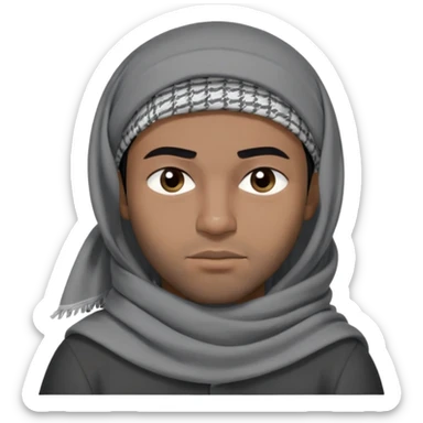 người đàn ông 30 tuổi, da đen, tóc ngắn màu đen, đội khăn kaffiyeh trùm đầu màu xám, biểu cảm buồn ngủ,mắt mở bé, áo đen, nửa thân treen sticker