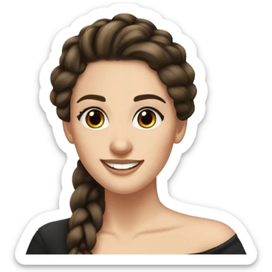 Young beautiful white woman with dark brown eyes and long eyelashes, dark hair that is braided in 2 spikelets, big smile, black dress  sticker