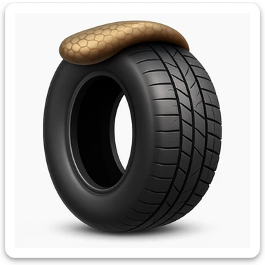 Create a tire emoji that looks exactly like the reference image in iOS emoji style. The emoji should have a 3D appearance with shiny, smooth gradients, soft shadows, and realistic tire texture, capturing the classic emoji look. Add a soft shadow under the tire. sticker