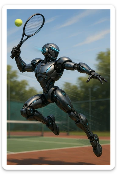 tennis robot in action, leaping to hit a ball, sleek design, glowing accents sticker
