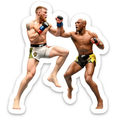 An MMA showdown between Conor McGregor and Anderson Silva in the octagon. McGregor is executing a jumping strike, while Silva skillfully deflects the attack. The background shows the UFC octagon with roaring fans and vibrant energy. Transparent background. sticker