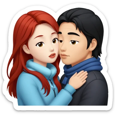 long black haired asian guy kissing redhead girl in snow sticker