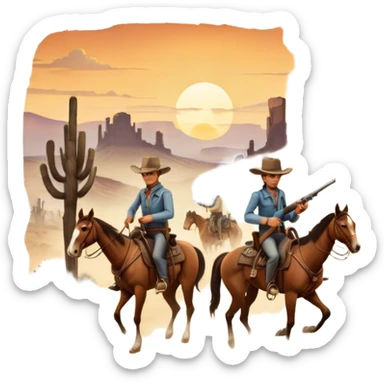 Icon for Western: A vintage movie poster-style design with cowboys on horseback, dusty desert landscape, and a setting sun. Include cowboy hats, revolvers, and an old saloon. The design should have bold typography and a retro cinematic feel. Transparent background. sticker