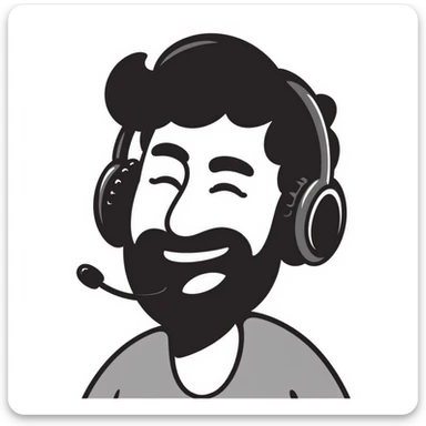 anime style laughing man with black hair, brown eyes, black beard wearing gaming headset sticker