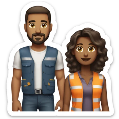 Beautiful black woman hair cut in a Bob wearing construction vest holding hands couple style with her handsome man who is her boyfriend wearing the same clothes he has a goatee and is slightly taller then her he is also darker she is brown skin  sticker