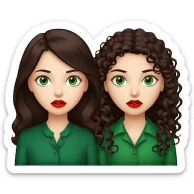 Two scornful girls, 1: long ironed straight darkbrown hair, green eyes, 2: long curly darkbrown hair, brown eyes sticker