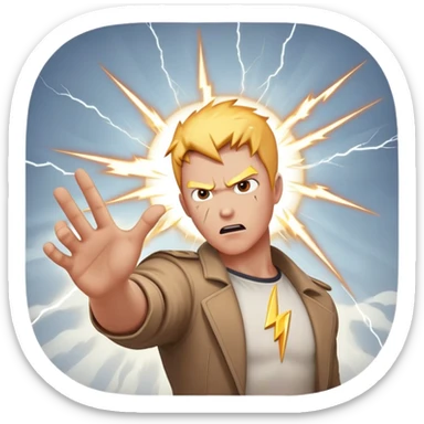 person aiming open palm hand at viewer, hand takes up most of the image, wrathful destructive facial expression, lightning blasts in background sticker