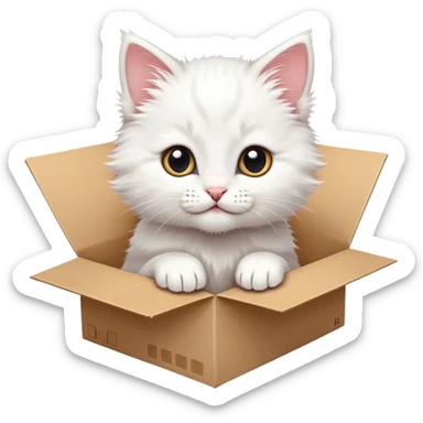  A very cute white young kitten cat with one's head tilted to one side poked its paws out of the cardboard big box and placed them on top of it sticker