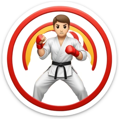 An emblem-style emoji symbolizing striking martial arts. The design features a stylized fighter in a dynamic stance, delivering a powerful punch, surrounded by a circular border with traditional elements like fists and combat symbols. Bold, clean lines with contrasting colors. sticker