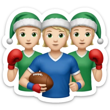 crie a imagem de 3 atletas de modalidades diferentes, usando elementos esportivos, como por exemplo bola, raquete, luvas de luta... e usando um chápeu de papai noel das cores verde e azul. sticker