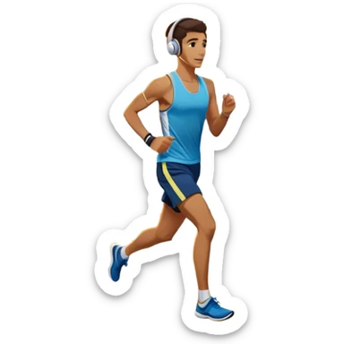 A runner wearing sports headphones jogs along a scenic waterfront promenade. The path is lined with trees, and the calm water reflects the golden hues of sunrise. In the background, a city skyline and distant mountains create a picturesque view. Transparent background enhances the motion. sticker