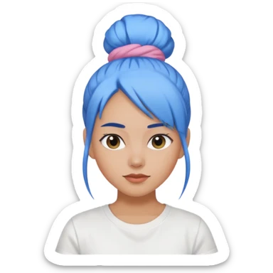 a woman with blue one bun hair, wearing white t-shirt sticker