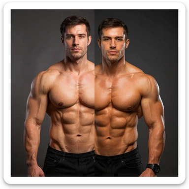 Realistic style image of a shirtless male bodybuilder, half body in mass version, half body in definition version, muscles and skin well highlighted. Neutral background. Relaxed expression. sticker