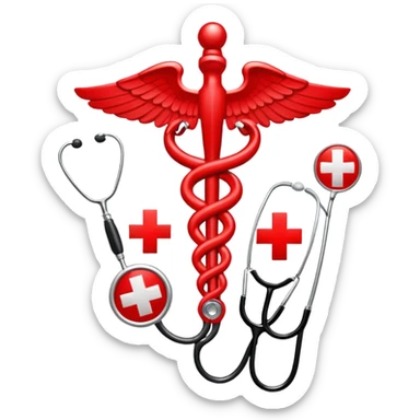 An icon featuring a caduceus (a bowl with a snake), a red cross, and a stethoscope, symbolizing medicine. The design includes medical tools and symbols, representing healthcare, diagnosis, and healing practices. Transparent background highlights the profession and study of medicine. sticker