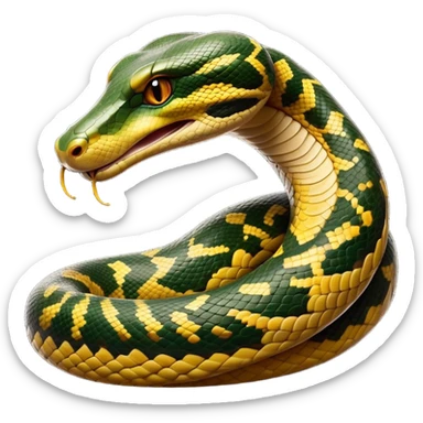 Cinematic Noble Anaconda Portrait Emoji, Poised and imposing, with a massive, sinuous build draped in intricately patterned scales and piercing, focused eyes, Simplified yet sharp and sophisticated features, highly detailed, glowing with a soft, earthy glow, high shine, intelligent and formidable, stylized with an air of primal elegance, focused and mysterious, soft glowing outline, capturing the essence of a watchful jungle guardian that feels as though it could coil out of the screen with effortless authority! sticker