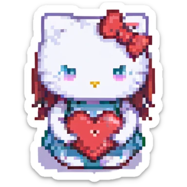 hello kitty pixel art holding a heart sticker