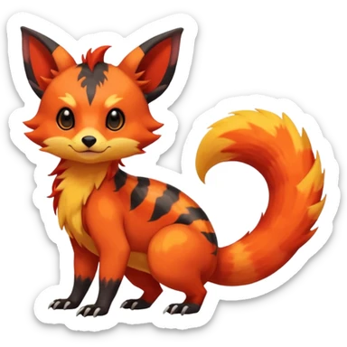Rare tropical warm-colored exotic cute epic aesthetic colorful Salandit-Eevee-Civet-species-Fakemon-hybrid-creature, with wild fiery markings, full body sticker