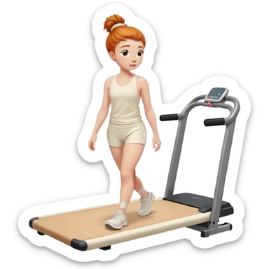 Ginger girl messy bun home gym walking on walking pad cream gym outfit sticker
