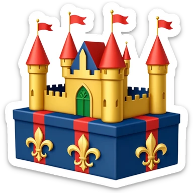  flag with 4 boxes: box1:gold fleur-de-lis on deep blue/black; box2:green, yellow, red stripes in upper right and lower left (box3) with green star in upper right; box4:yellow castle on red in lower right. Flat vector, clean, high contrast, clear at small size. sticker