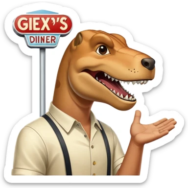 A rex from gta5 flicking on a open and close sign for rexs diner sticker