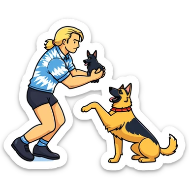man with long blonde hair wearing tie dye shirt wrestling with German shepherd sticker