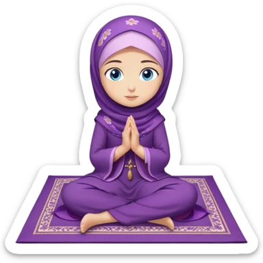 Turkish beautiful finish Konya girl blue eyes with purple flower hijab long tail dress and sits on the pray mat namaz on the ground with dua  sticker
