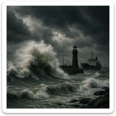 photorealistic port with stormy weather, dramatic waves sticker