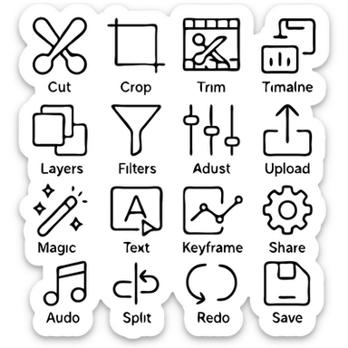 black and white icon set for editing and visual content creation including cut, crop, trim, timeline, layers, filters, color grading, export, AI magic wand, auto-enhance, object selection, text overlay, transitions, audio editing, split, merge, undo, redo, save, settings, and share in a cohesive unified style sticker