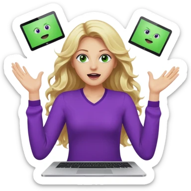 lady with long wavy blonde hair, purple top, green eyes, throwing her with a purple mac laptop hands in the air screaming, looking cross sticker