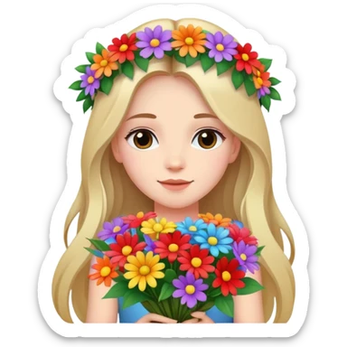 Beautiful girl with long hair and a wreath holding a bouquet of flowers sticker