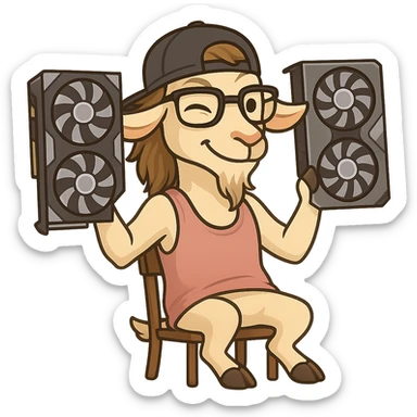 goat for Telegram stickers inspired by reference https://attic.sh/feoducyurkpqwz0la088soao98sx: wearing a cap, glasses, mullet hairstyle, pink drunkard tank top, sitting on a chair, holding a large video card in each hand at shoulder level, winking, pose like in the photo, clean lines, soft gradients. transparent background sticker