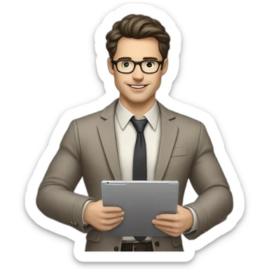Pale skinned fit man with dark brown hair in gray jacket, beige office shirt, brown tie, brown pants and vintage glasses Writing on the tablet sticker