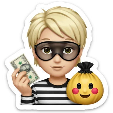Realistic ios emoji-style portrait of a classic burglar, a black eye mask and a black-and-white striped shirt. Highly detailed, natural skin texture, realistic shadows, smooth gradients, glossy reflections in the eyes. emoji-like hair, black hat, an emoji bag of money in a right corner  sticker