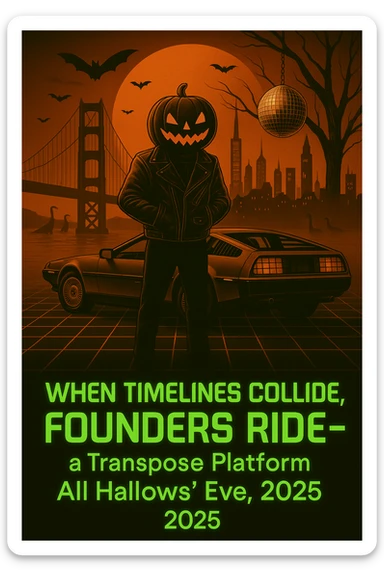 Add the words below the DeLorean, make the words neon retro green, When Timelines collide, Founders ride — a Transpose Platform All Hallows’ Eve, 2025.  sticker