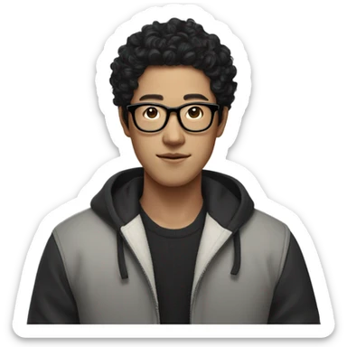 Korean men wearing black curls, black horn-rimmed glasses, and trendy clothes in square space sticker