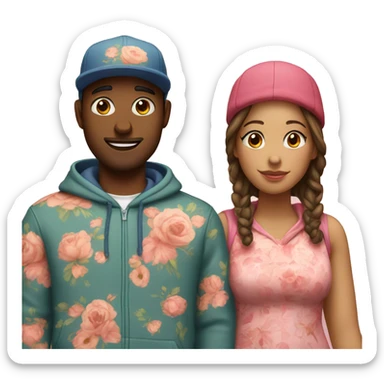 an couple, the man wearing cap and hoodie. the girl wearing an floral dress sticker