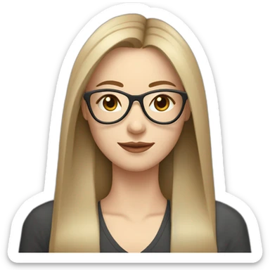 woman with pale skin and middle brown long straight hair wearing heart shaped glasses behind a computer sticker