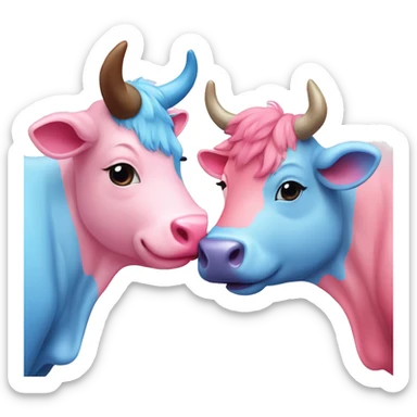 a cute pink cow and a cute blue bull kissing each other with a small heart in the middle sticker