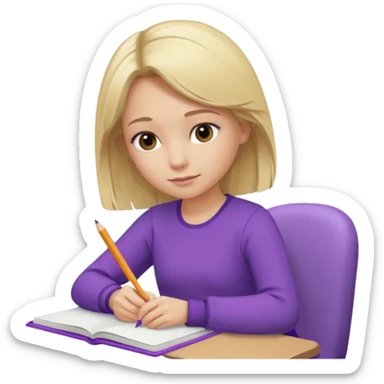 girl sitting, writing in a notebook, blond hair, dressed in purple clothes sticker