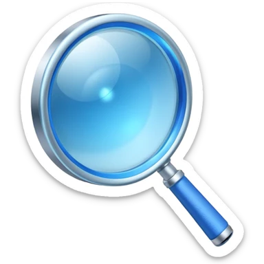 A 3D rendered magnifying glass, tilted right, frosted glass lens, glowing blue light, subtle shadows, purple background, high detail, cinematic lighting, app icon style sticker