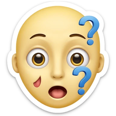 yellow face question mark emoji with wide eyes, mouth open in surprise, blue question mark above head sticker