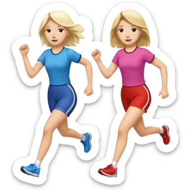 I want 2 women holding hands running in same direction, one is brunette, one is blonde different outfits and please hold hands sticker