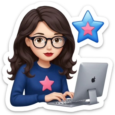 a white young woman with very long wavy dark brown/chocolate hair typing in a computer. she's using glasses, her lips are light red and her cheeks slightly pink. Her eyes are dark brown. She's using a dark blue knit sweater that has a tiny star in the middle   sticker