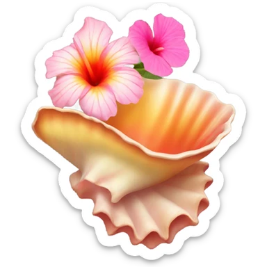 Conch shell with a pink, orange and yellow hibiscus on top  sticker