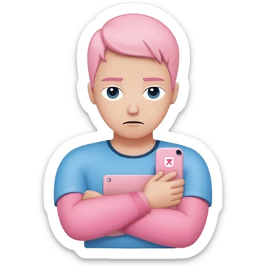 avoidant person with guarded neutral expression and slightly distant eyes, body posture leaning away with arms crossed creating emotional barrier, small shield or wall symbol nearby, phone face down being ignored, minimal soft rounded design with gentle blue and pink colors matching anxious attachment style sticker