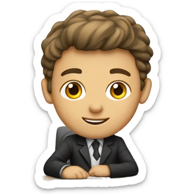 European schoolboy sitting at desk,  computer on desk sticker