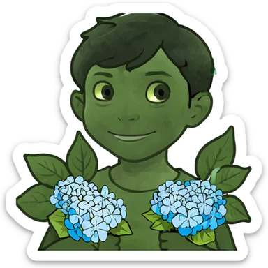 Smiling boy with fair skin and black hair that stands up and green eyes with bouquet of hydrangeas  sticker